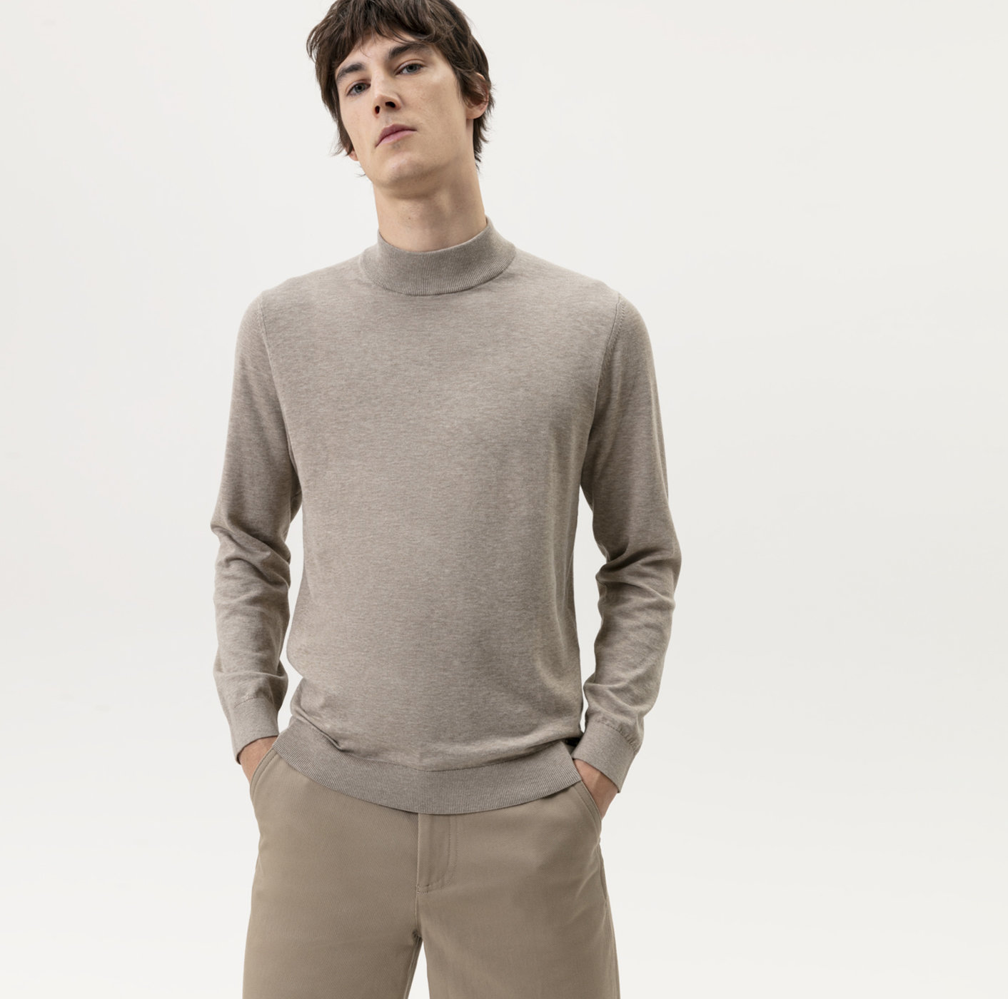 OLYMP Level Five Knitwear, body fit, Pullover stand-up collar, Camel